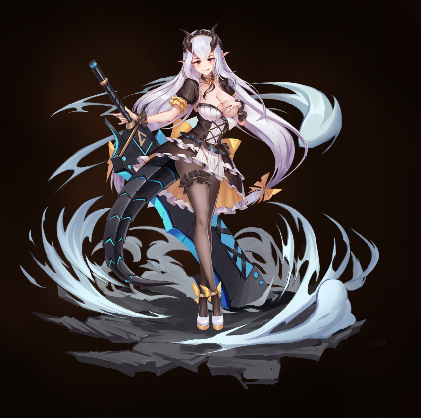 absurdres, black_pantyhose, blush, breasts, cleavage, dragon_girl, epic_seven, eyebrows, feo_reto, hair_ornament, hair_ribbon, hand_on_own_chest, high_heels, highres, horns, large_breasts, licking_lips, long_hair, looking_at_viewer, pantyhose, pointy_ears, red_eyes, ribbon, smile, solo, standing, sword, tail, tongue, tongue_out, weapon, white_hair, yufine_(epic_seven)