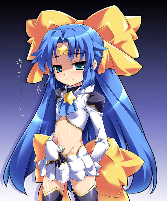 1girl, aqua_eyes, blue_hair, female_focus, gloves, hair_ribbon, katami_shinta, long_hair, long_sleeves, navel, ribbon, seirei_stella, shinrabanshou, solo, thighhighs