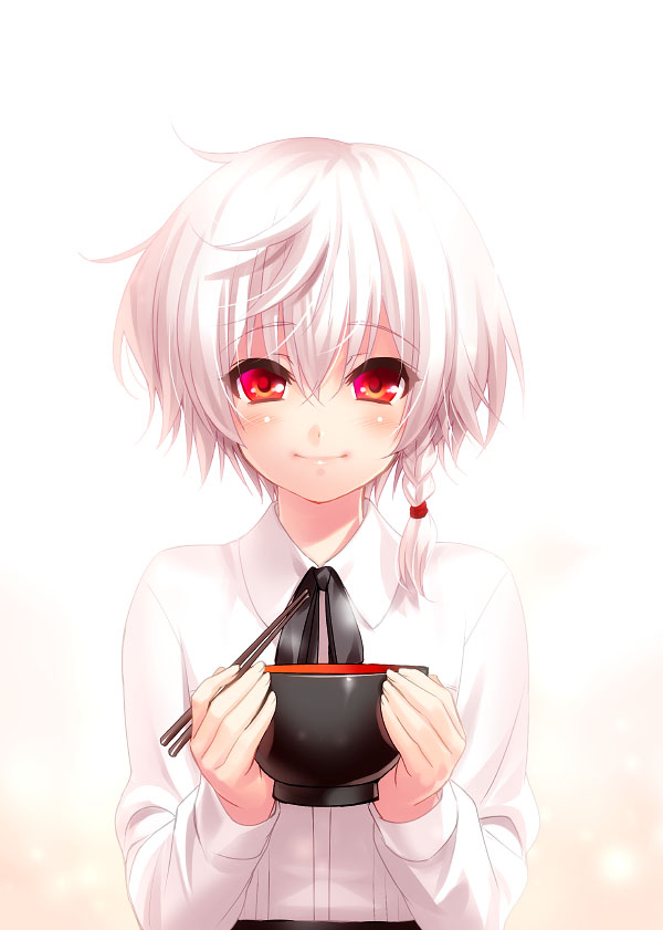 1girl, black_neckwear, blush, bowl, braid, breasts, chopsticks, closed_mouth