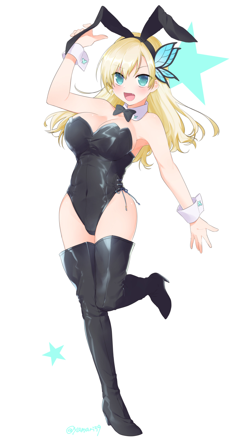 1girl, absurdres, animal_ears, black_boots, black_bow, black_bowtie, black_leotard, blonde_hair