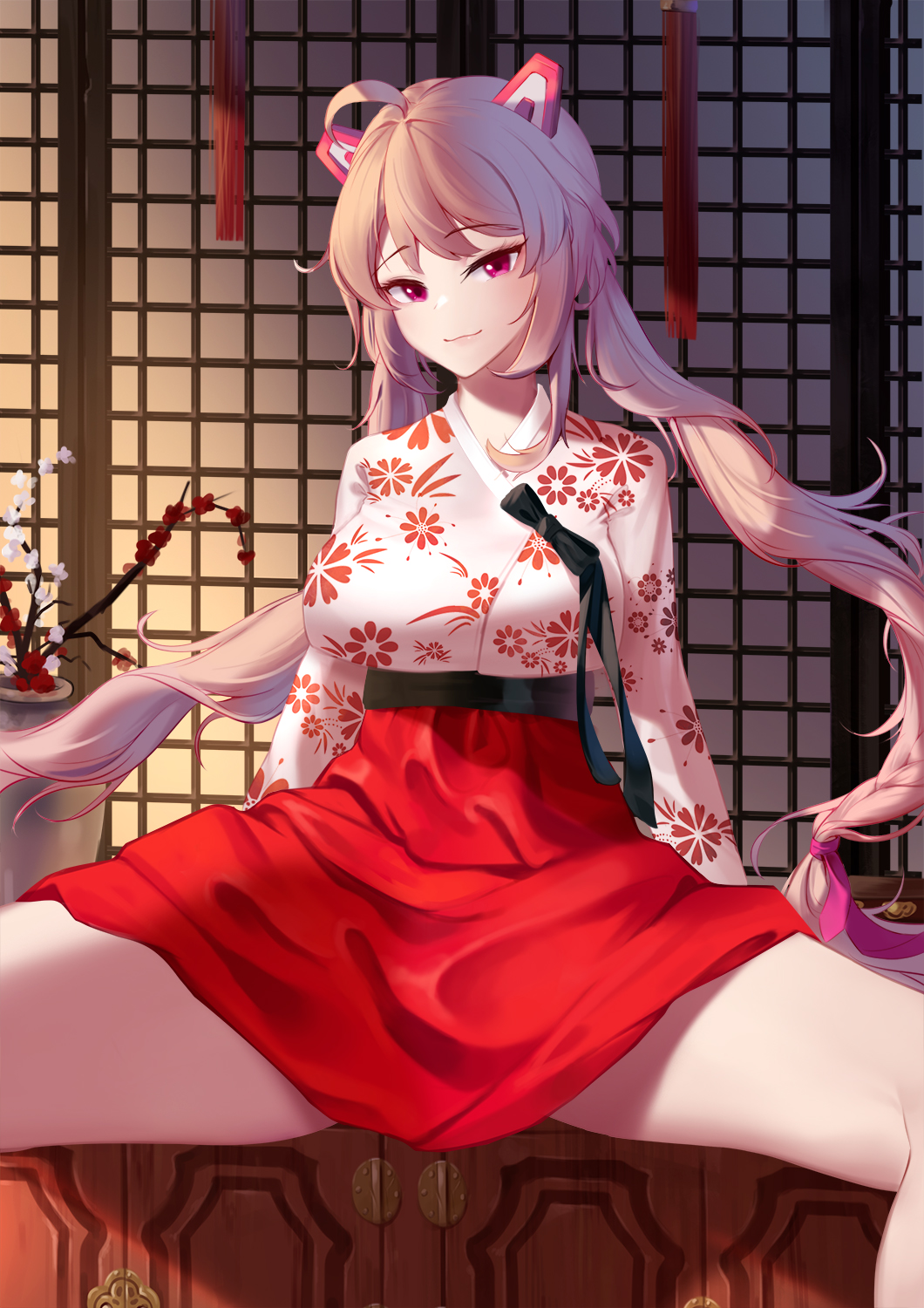 1girl, :3, ahoge, breasts, brown_hair, daydream_(zhdkffk21), female_focus, hanbok