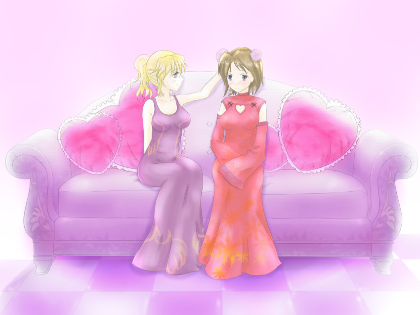 00s, 2girls, blonde_hair, breasts, brown_hair, china_dress, chinese_clothes, couch, dress, highres, large_breasts, miang, multiple_girls, shannon_(umineko), umineko_no_naku_koro_ni, ushiromiya_jessica, yuri