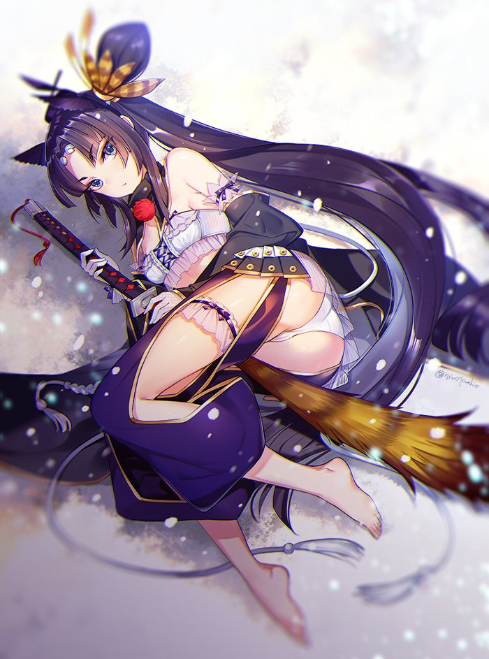 1girl, armor, ass, baggy_pants, bare_shoulders, barefoot, black_hair, black_hat