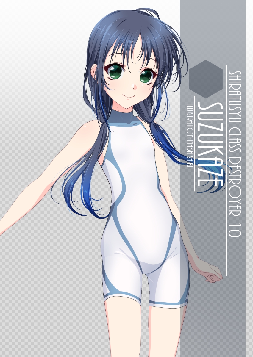 1girl, artist_name, black_hair, blush, bodysuit, character_name, checkered_background, collarbone