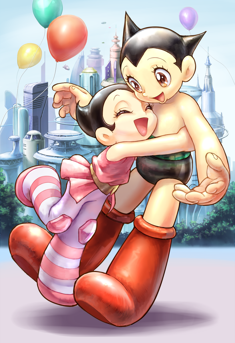 1boy, 1girl, android, antennae, atom_(tetsuwan_atom), balloon, belt, black_hair