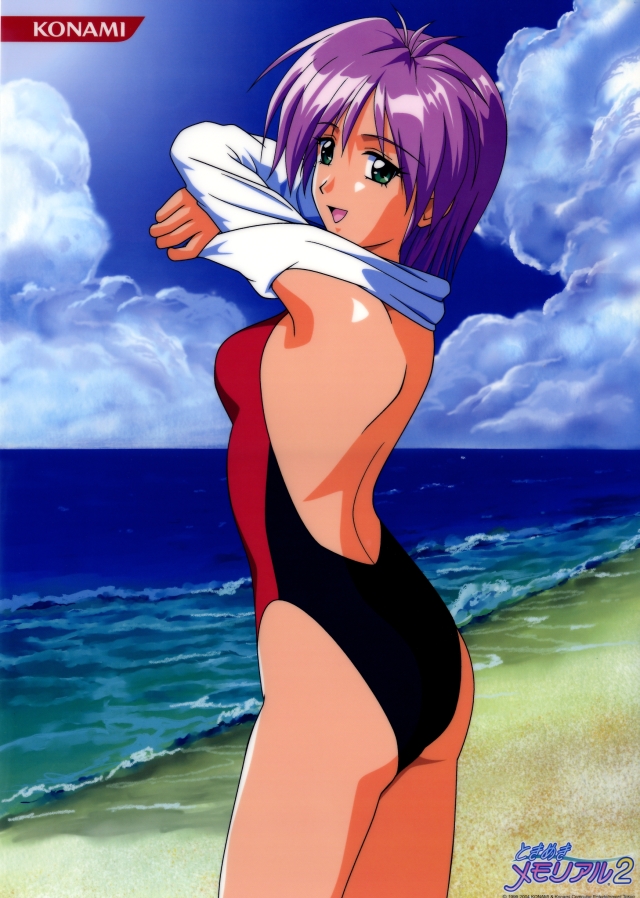 1990s_(style), 1girl, beach, clothes_lift, competition_swimsuit, day, female_focus, kokura_masashi, official_art, one-piece_swimsuit, pink_hair, purple_hair, retro_artstyle, scan, shirt_lift, solo, swimsuit, tokimeki_memorial, tokimeki_memorial_2, undressing, yae_kaori