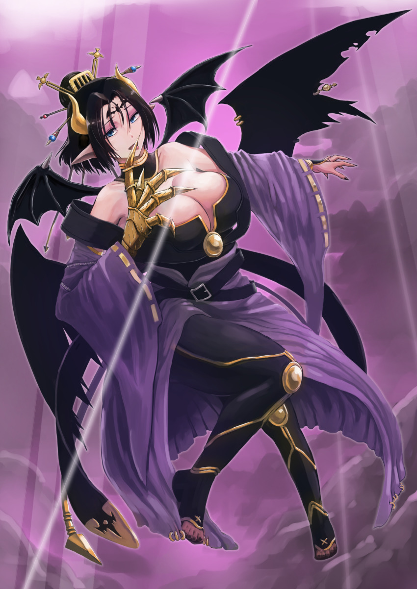 1girl, bare_shoulders, bat_(animal), bat_wings, black_hair, blue_eyes, breasts, claws