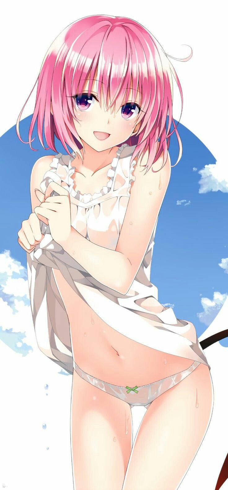 1girl, female_focus, headshop, highres, kantoku, momo_velia_deviluke, navel, open_mouth, panties, pink_eyes, pink_hair, short_hair, sky, solo, tail, third-party_edit, to_love-ru, underwear, wet, yabuki_kentarou