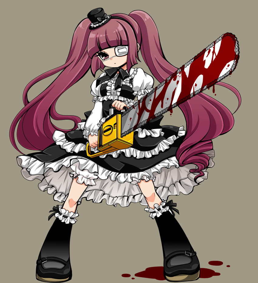 1girl, blood, bloody_weapon, bloomers, blush, chainsaw, dress, eyepatch, female_focus, frills, fujiwhite182, gothic_lolita, hanazono_yurine, hat, highres, huge_filesize, jashin-chan_dropkick, lolita_fashion, long_hair, looking_at_viewer, medical_eyepatch, mini_hat, purple_eyes, purple_hair, ribbon, solo, twintails, underwear, weapon