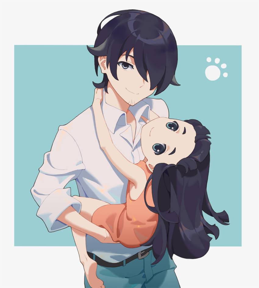 1boy, 1girl, barefoot, belt, black_hair, blue_eyes, cheese_kang, facial_hair