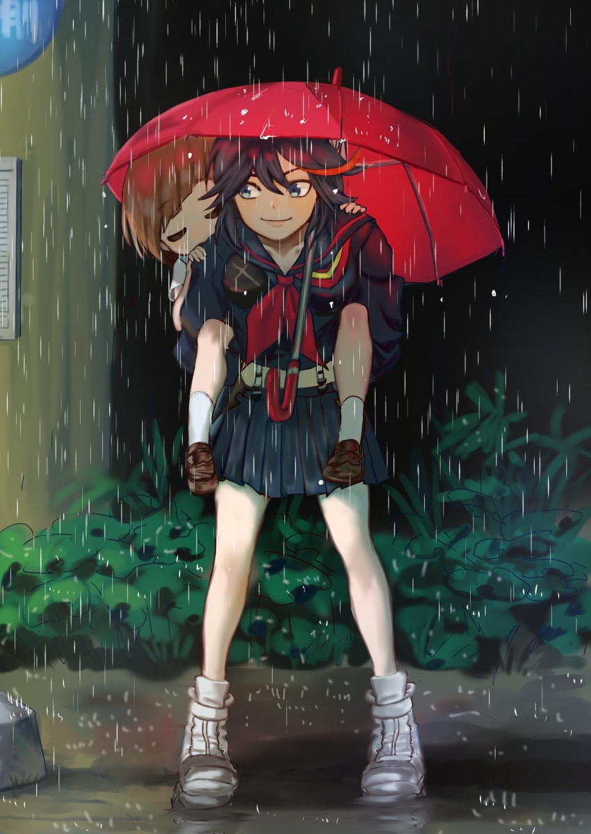 2girls, ahoge, black_hair, black_sailor_collar, black_serafuku, black_skirt, blue_eyes, blunt_bangs, bob_cut, brown_footwear, brown_hair, bus_stop, carrying, closed_eyes, commentary_request, crop_top, foliage, hand_on_another's_shoulder, high_tops, highres, kill_la_kill, leaning_to_the_side, legs_apart, light_smile, loafers, looking_at_another, looking_back, mankanshoku_mako, matoi_ryuuko, midriff, multicolored_hair, multiple_girls, neckerchief, parody, piggyback, rain, red_neckerchief, red_umbrella, sailor_collar, school_uniform, senketsu, serafuku, shoes, short_hair, sirakusa, skirt, sleeping, sleeping_on_person, sneakers, socks, streaked_hair, suspenders, tonari_no_totoro, umbrella, white_footwear, white_legwear