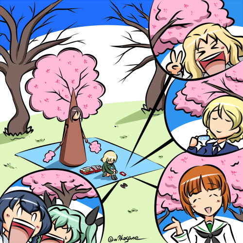 >_<, 6+girls, :d, anchovy_(girls_und_panzer), bentoutou, black_hair, black_neckwear, black_ribbon