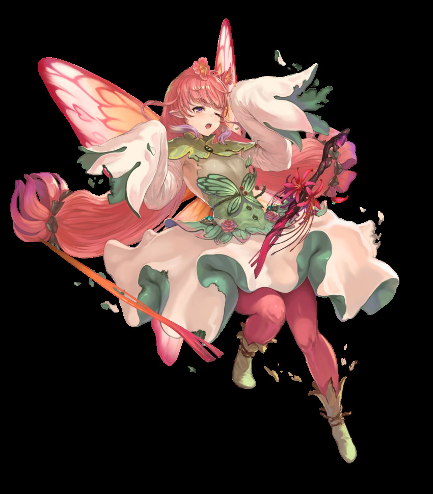 1girl, boots, breasts, brown_boots, cleavage, detached_sleeves, dress, fairy_wings