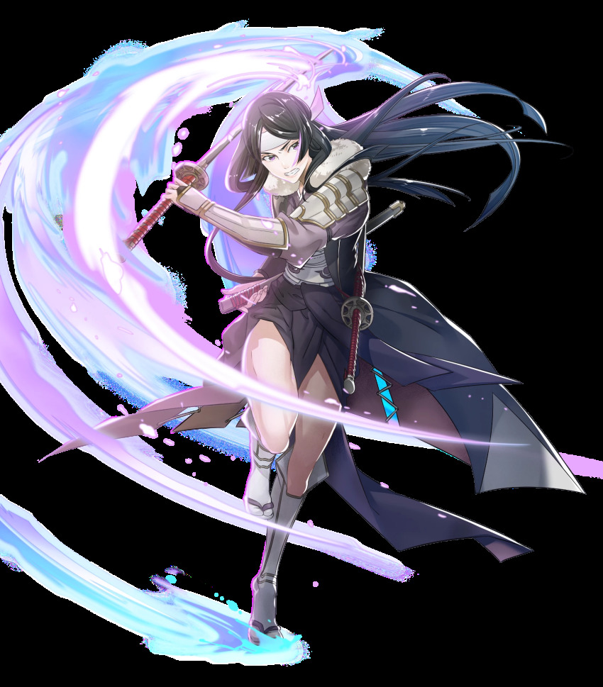 1girl, armor, black_hair, clenched_teeth, female_focus, fire_emblem, fire_emblem_awakening, fire_emblem_heroes, full_body, headband, highres, holding, holding_sword, holding_weapon, japanese_clothes, katana, long_hair, long_sleeves, nintendo, obi, official_art, sash, say'ri_(fire_emblem), shoulder_armor, solo, sword, teeth, transparent_background, weapon, white_legwear, yura_(ub4u)