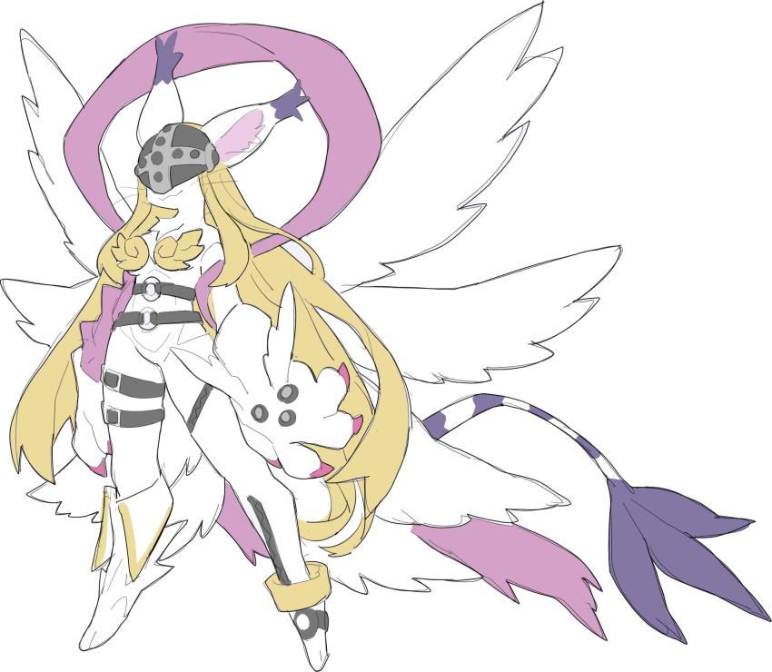 1girl, angel_wings, angewomon, angewomon_(cosplay), animal_ears, anklet, belt, blonde_hair, breasts, cat_ears, cat_tail, cleavage, cosplay, digimon, digimon_(creature), furry, furry_female, fusion, highres, huge_hands, jewelry, long_hair, oraingen, tail, tailmon, whiskers, white_fur, wings