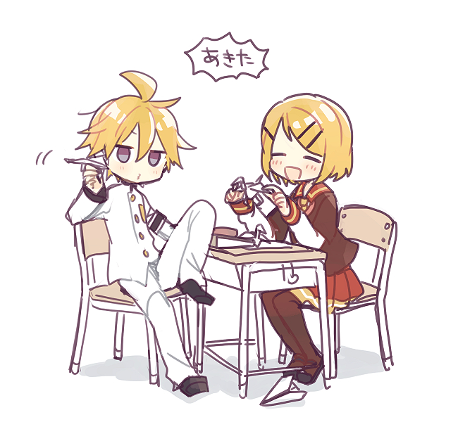 1girl, 2boys, armband, black_skirt, blonde_hair, blue_eyes, blush, chair, closed_eyes, collar, commentary, desk, feet_on_chair, full_body, hair_ornament, hairclip, holding, holding_paper, holding_paper_airplane, jacket, kagamine_len, kagamine_len_(executive_student_council), kagamine_rin, kagamine_rin_(trad_school), leg_up, light_blush, miniskirt, multiple_boys, on_chair, open_mouth, origami, pants, paper, paper_airplane, paper_crane, pleated_skirt, pouty_lips, project_diva_(series), red_collar, red_skirt, school_uniform, serafuku, short_hair, sitting, skirt, smile, spiked_hair, suzumi_(fallxalice), swept_bangs, thighhighs, translation_request, vocaloid, white_background, white_jacket, white_pants, white_uniform
