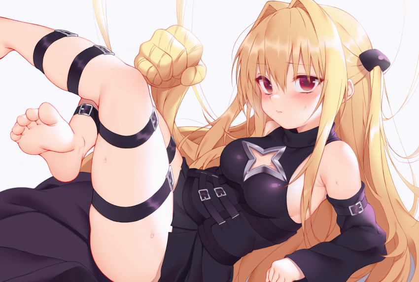 1girl, armpits, bare_shoulders, barefoot, belt, blonde_hair, breasts, cleavage_cutout, clothing_cutout, detached_sleeves, feet, female_focus, hair_intakes, hair_ornament, highres, konjiki_no_yami, leg_belt, legs_up, long_hair, long_sleeves, looking_at_viewer, medium_breasts, multiple_belts, prehensile_hair, reclining, red_eyes, sidelocks, simple_background, solo, to_love-ru, to_love-ru_darkness, tony_(tonyworkroom), two_side_up, white_background