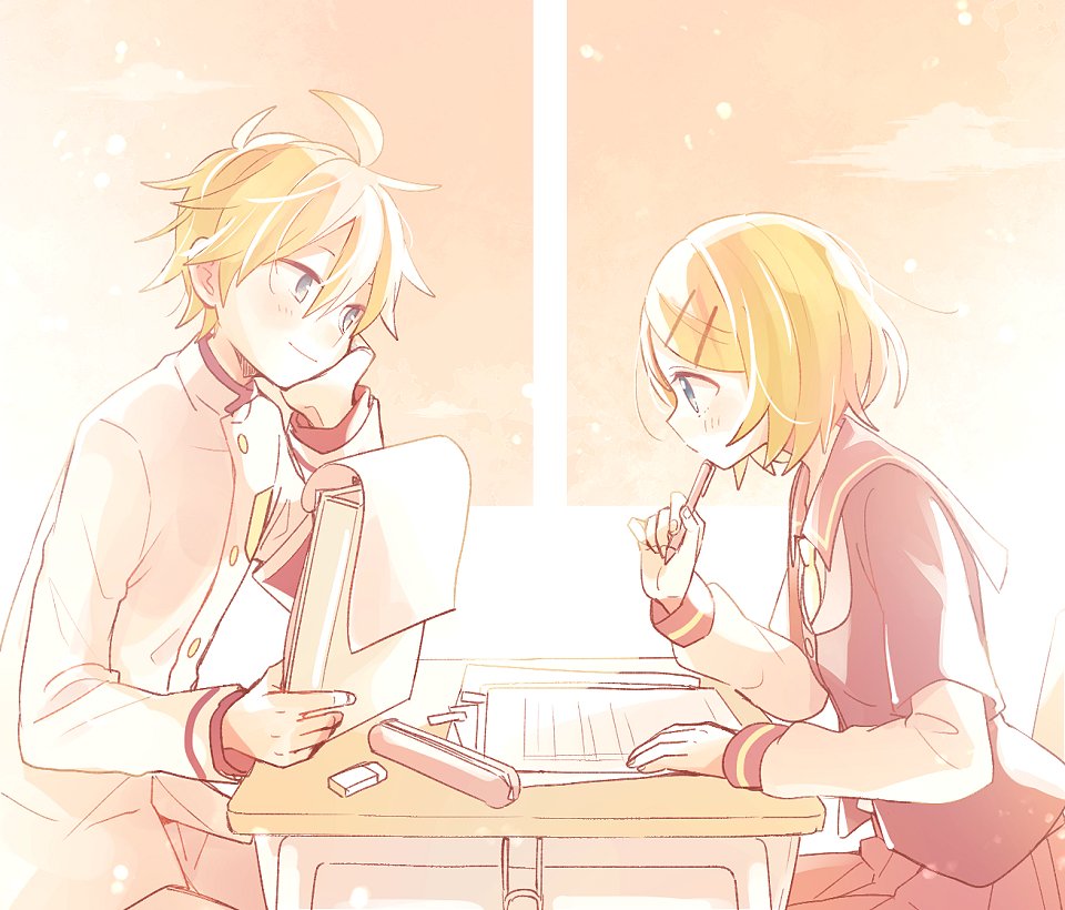 1boy, 1girl, arm_support, armband, black_shirt, blonde_hair, blue_eyes, bow, collar, commentary, desk, eraser, kagamine_len_(executive_student_council), from_side, hair_bow, head_rest, holding, holding_pen, jacket, kagamine_len, kagamine_rin, long_sleeves, looking_at_another, notepad, paper, pen, pen_to_chin, pencil_case, pleated_skirt, project_diva_(series), red_collar, red_skirt, sailor_collar, school_uniform, shirt, short_hair, sitting, skirt, smile, spiked_hair, suzumi_(fallxalice), swept_bangs, kagamine_rin_(trad_school), upper_body, vocaloid, white_jacket, white_uniform