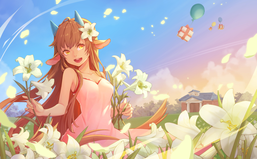 1girl, animal_crossing, animal_ears, balloon, breasts, brown_hair, cleavage, cloud, dress, female_focus, flower, gift, goat_ears, goat_horns, grass, hair_flower, hair_ornament, highres, horns, leaf, long_hair, nintendo, open_mouth, pashmina_(animal_crossing), personification, petals, puchu_huang, sitting, sky, solo, teeth, tree, very_long_hair, yellow_eyes