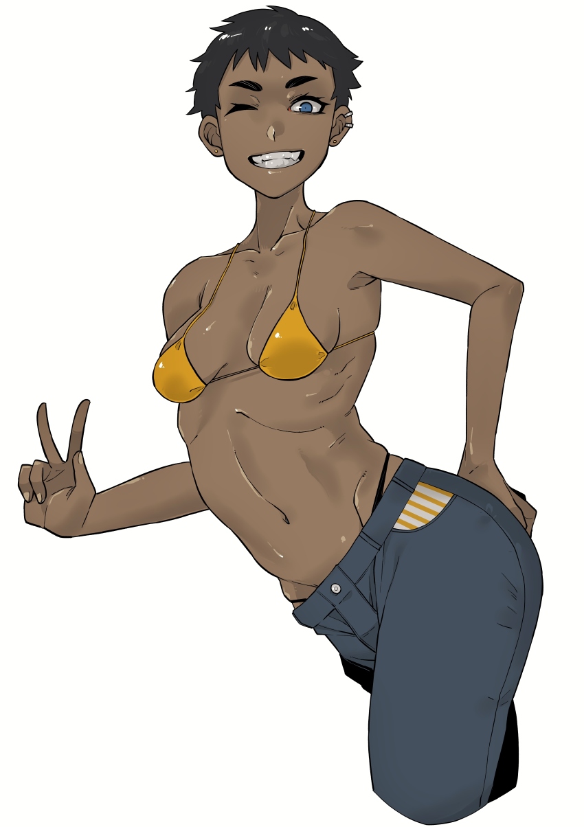 1girl, ;), absurdres, black_hair, blue_eyes, blue_pants, breasts, dark-skinned_female, dark_skin, ear_piercing, female_focus, hand_on_own_ass, highres, kantoqyoiko, looking_at_viewer, navel, one_eye_closed, original, pants, piercing, short_hair, simple_background, small_breasts, smile, solo, standing, tomboy, v, white_background, wink