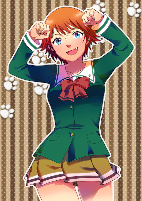 1girl, :d, arms_up, blazer, blue_eyes, bow, brown_background, female_focus