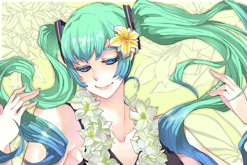 aqua_hair, bad_id, bad_pixiv_id, blue_eyes, flower, gradient_hair, hatsune_miku, long_hair