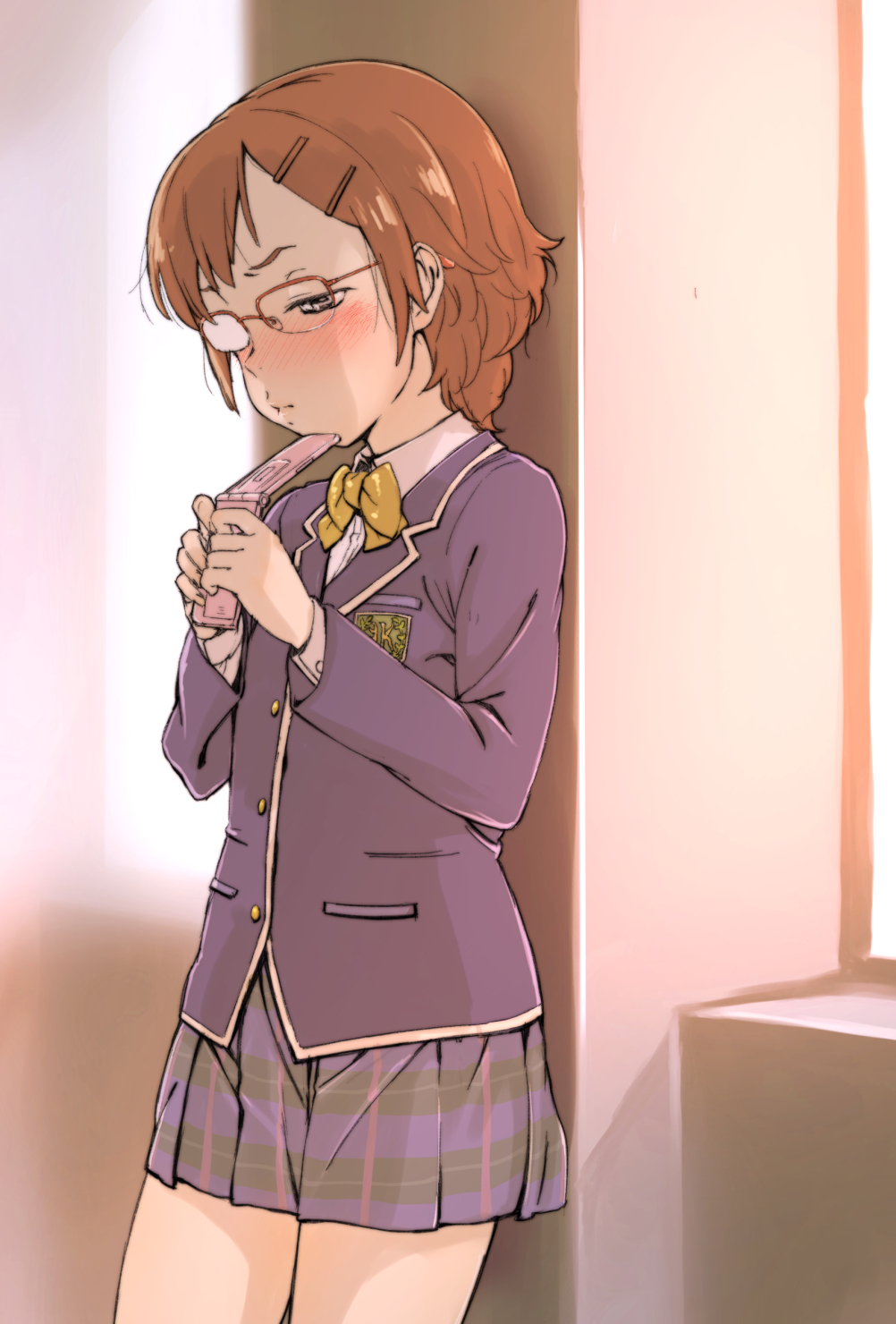 1girl, blazer, blush, bow, brown_hair, cellphone, chounan, female_focus