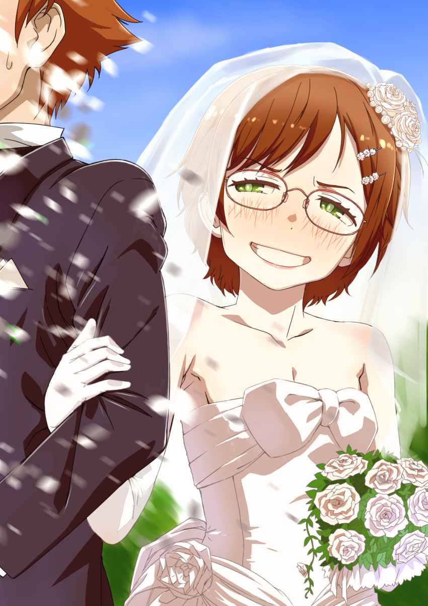 1boy, 1girl, bare_shoulders, blush, bouquet, breasts, bridal_veil, bride