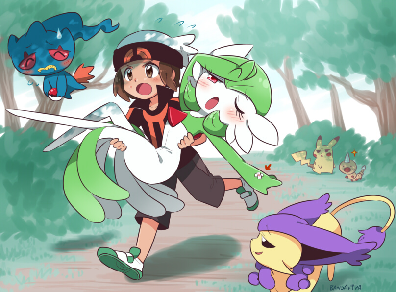 1boy, bandaid, banette, bano_akira, beanie, blush, brendan_(pokemon), bush