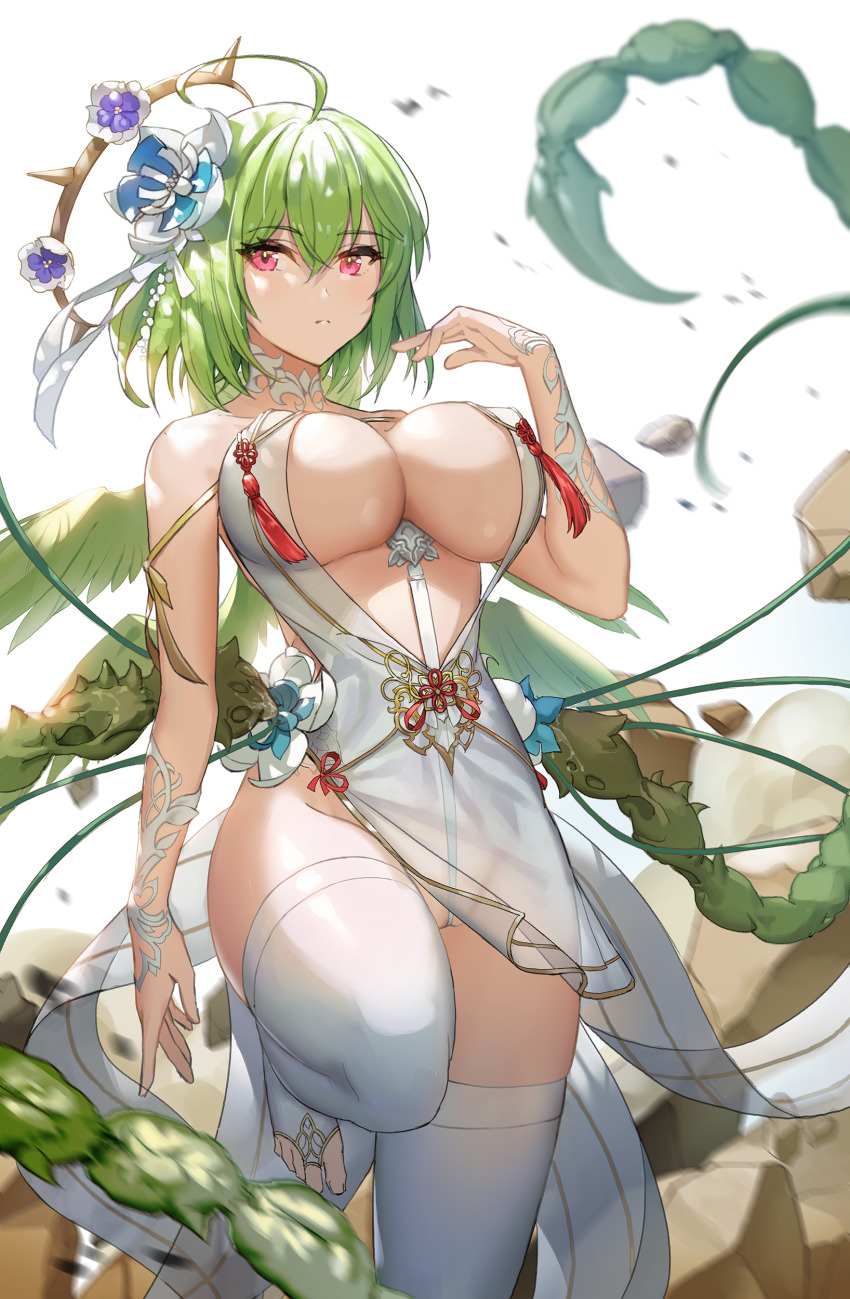 1girl, absurdres, ahoge, angel, angel_wings, bare_shoulders, borrowed_character, breasts