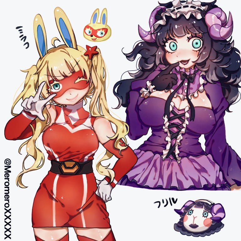 2girls, ;), ahoge, animal_crossing, animal_ears, aqua_eyes, black_lips, breasts, character_name, cleavage, colored_eyelashes, covered_erect_nipples, cross-laced_clothes, curled_horns, detached_sleeves, domino_mask, dual_persona, eye_mask, eyelashes, finger_to_mouth, gloves, gothic_lolita, hair_ornament, hairband, hand_on_own_hip, hand_up, horns, large_breasts, lipstick, lolita_fashion, lolita_hairband, long_sleeves, makeup, mask, medium_breasts, mira_(animal_crossing), muffy_(animal_crossing), multiple_girls, nintendo, one_eye_closed, personification, purple_horns, rabbit_ears, red_legwear, ribbon_trim, sheep, sheep_horns, smile, star_(symbol), star_hair_ornament, striped_horns, teeth, thighhighs, twitter_username, umikinoko_(umitake), white_gloves, zettai_ryouiki