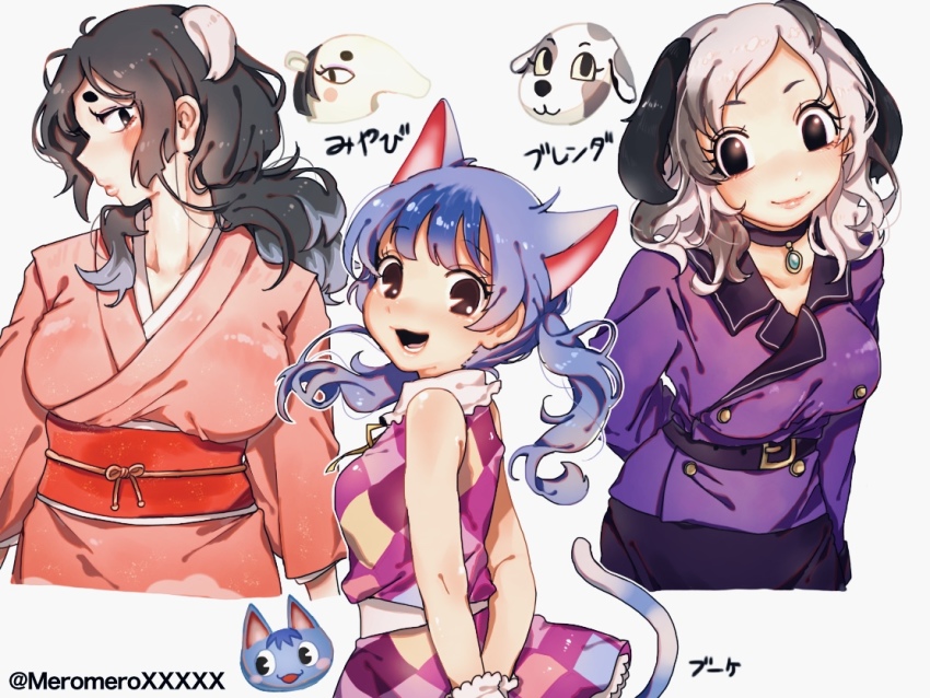 3girls, :3, :d, animal_crossing, animal_ears, annalisa_(animal_crossing), anteater, anteater_ears, argyle_clothes, argyle_dress, arm_behind_back, arms_behind_back, bare_shoulders, belt, belt_buckle, black_belt, black_choker, black_eyes, blue_hair, breasts, buckle, buttons, cat, cat_ears, cat_girl, cat_tail, character_name, choker, closed_mouth, collarbone, dog, dog_ears, dress, dual_persona, extra_ears, eyelashes, floppy_ears, grey_hair, japanese_clothes, japanese_text, kimono, large_breasts, lips, long_hair, medium_breasts, multicolored_hair, multiple_girls, nintendo, obi, open_mouth, personification, pink_kimono, pink_lips, portia_(animal_crossing), ribbon, rosie_(animal_crossing), sash, simple_background, sleeveless, sleeveless_dress, three-quarter_sleeves, smile, tail, tail_raised, translated, twintails, twitter_username, two-tone_hair, umikinoko_(umitake), white_background, white_hair, yellow_ribbon