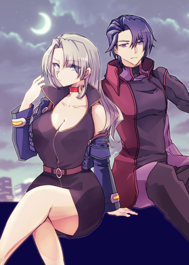 1boy, 1girl, al-van_lunks, black_hair, blue_eyes, breasts, calvina_coulange, choker