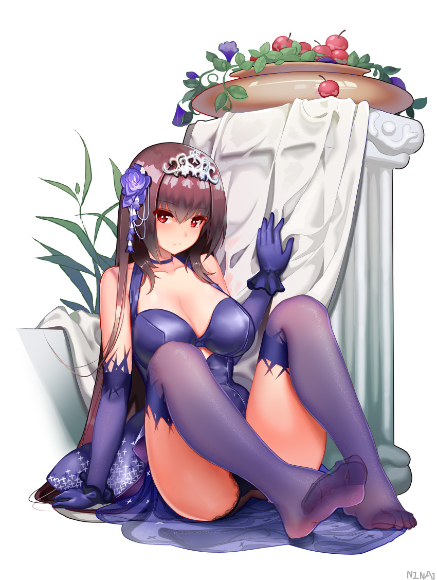 1girl, absurdres, bare_shoulders, blush, breasts, cherry, choker, cleavage, closed_mouth, collarbone, dress, elbow_gloves, fate/grand_order, fate_(series), feet, flower, food, fruit, gloves, hair_flower, hair_ornament, heroic_spirit_formal_dress, highres, knees_up, large_breasts, legs, long_hair, looking_at_viewer, ninai, panties, pot, purple_dress, purple_gloves, purple_hair, purple_panties, purple_thighhighs, red_eyes, scathach_(fate), scathach_(formal_dress)_(fate), simple_background, sitting, soles, thighhighs, tiara, toes, underwear, white_background