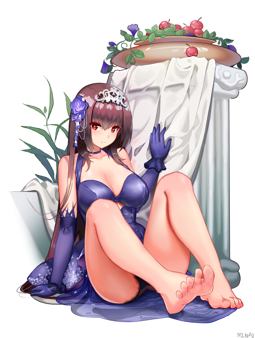 1girl, absurdres, bare_shoulders, barefoot, blush, breasts, cherry, choker, cleavage, closed_mouth, collarbone, dress, elbow_gloves, fate/grand_order, fate_(series), feet, flower, food, fruit, gloves, hair_flower, hair_ornament, heroic_spirit_formal_dress, highres, knees_up, large_breasts, legs, long_hair, looking_at_viewer, ninai, panties, pot, purple_dress, purple_gloves, purple_hair, purple_panties, red_eyes, scathach_(fate), scathach_(formal_dress)_(fate), simple_background, sitting, soles, tiara, toes, underwear, white_background
