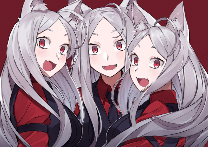 3girls, :d, absurdres, ahoge, animal_ears, arm_strap, black_vest, cerberus_(helltaker)