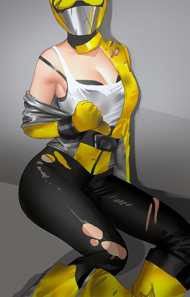 1girl, belt, bodysuit, bra, breasts, danmarunyan, female_focus, gloves, pantyhose, see-through_clothes, simple_background, solo, super_sentai, tokumei_sentai_go-busters, tokusatsu, torn_clothes, torn_legwear, torn_pantyhose, underwear, usami_youko