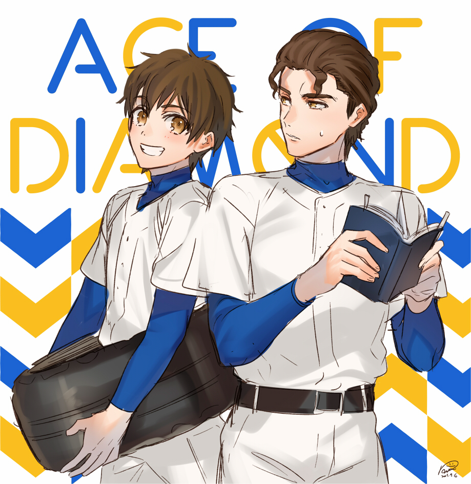 2boys, ace_of_diamond, baseball_uniform, belt, blush, book, brown_eyes, brown_hair, copyright_name, holding, holding_book, kippu, looking_at_another, male_focus, multiple_boys, sawamura_eijun, short_sleeves, smile, sportswear, sweat, takigawa_chris_yuu, unused_tire