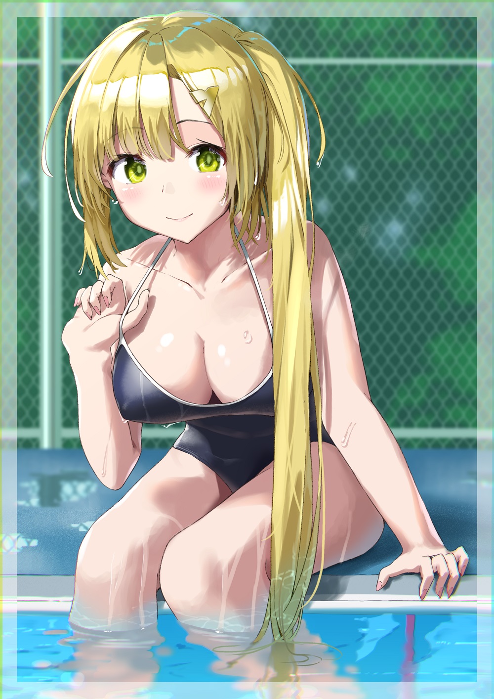 1girl, bare_shoulders, black_one-piece_swimsuit, blonde_hair, blush, breasts, cleavage, closed_mouth