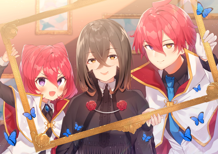 1boy, 2girls, :d, ahoge, animal, arm_up, black_cape, black_dress