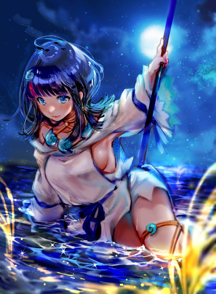 1girl, bad_id, bad_pixiv_id, bare_shoulders, black_hair, blue_eyes, blue_ribbon, blush