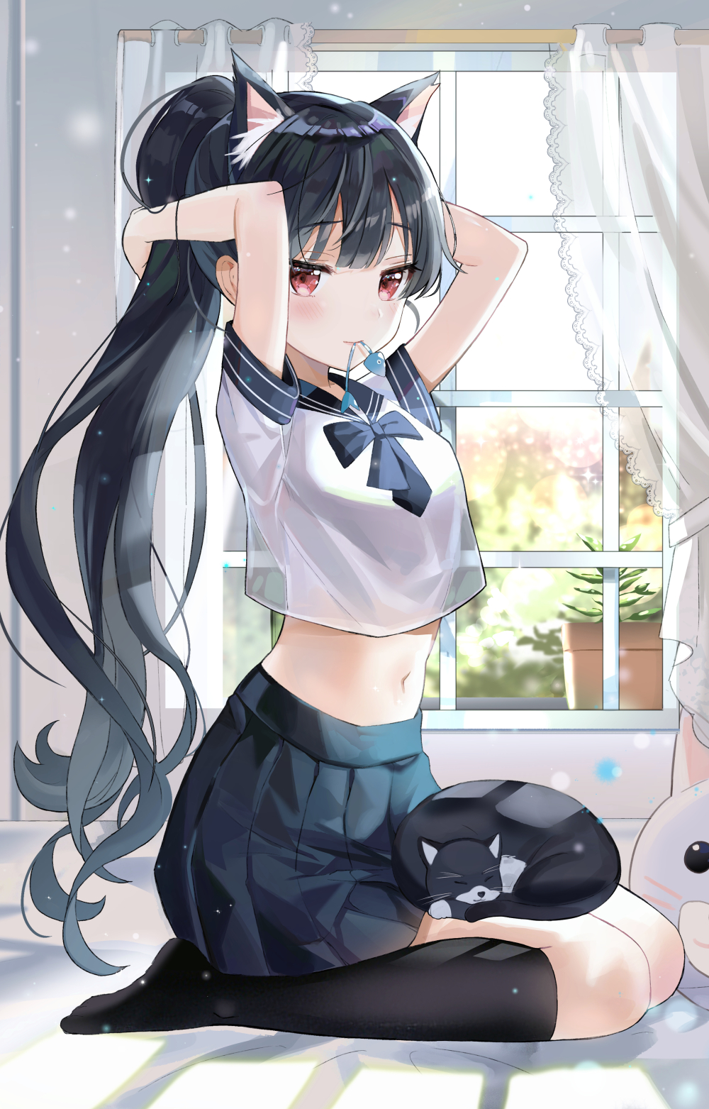 1girl, animal, animal_ears, animal_on_lap, arms_behind_head, bed_sheet, black_hair, black_socks