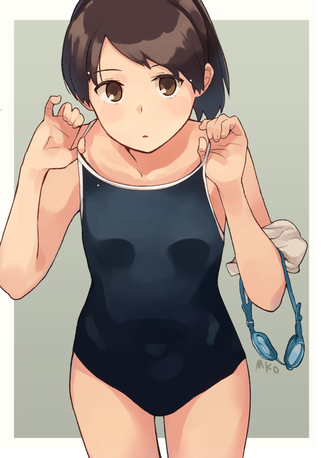 1girl, adjusting_clothes, adjusting_swimsuit, alternate_costume, bad_id, bad_pixiv_id, black_one-piece_swimsuit, brown_eyes