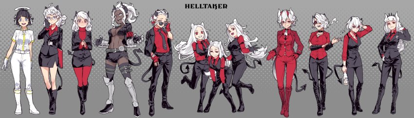 6+girls, absurdres, angel, animal_ears, azazel_(helltaker), beelzebub_(helltaker), belt, black_belt, black_footwear, black_gloves, black_hair, black_horns, black_jacket, black_neckwear, black_pantyhose, black_shorts, black_skirt, black_socks, black_suit, black_tail, black_thighhighs, blue_eyes, blush, boots, bottle, breasts, cerberus_(helltaker), cigarette, closed_mouth, copyright_name, cross, cross_necklace, dark-skinned_female, dark_skin, demon_girl, demon_tail, dog_ears, formal_clothes, full_body, gauntlets, glasses, gloves, grey_background, hair_ribbon, halo, hand_on_own_hip, heart, heart-shaped_pupils, helltaker, high_heel_boots, high_heels, highres, holding, holding_bottle, holding_notebook, horns, jacket, jacket_on_shoulders, jewelry, judgement_(helltaker), justice_(helltaker), large_breasts, long_hair, looking_at_viewer, lucifer_(helltaker), malina_(helltaker), medium_breasts, modeus_(helltaker), mole, mole_under_eye, multiple_girls, necklace, necktie, notebook, open_mouth, pandemonica_(helltaker), pantyhose, polka_dot, polka_dot_background, red_eyes, red_footwear, red_legwear, red_shirt, reiga_(act000), ribbed_sweater, ribbon, shirt, short_hair, shorts, skirt, smile, smoking, socks, standing, standing_on_one_leg, suit, sweater, symbol-shaped_pupils, tail, thighhighs, tie_clip, vest, waistcoat, white_eyes, white_footwear, white_hair, white_horns, white_ribbon, zdrada_(helltaker)