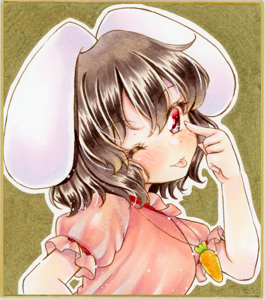 1girl, animal_ears, black_hair, blush, carrot_necklace, commentary_request, female_focus, graphite_(medium)
