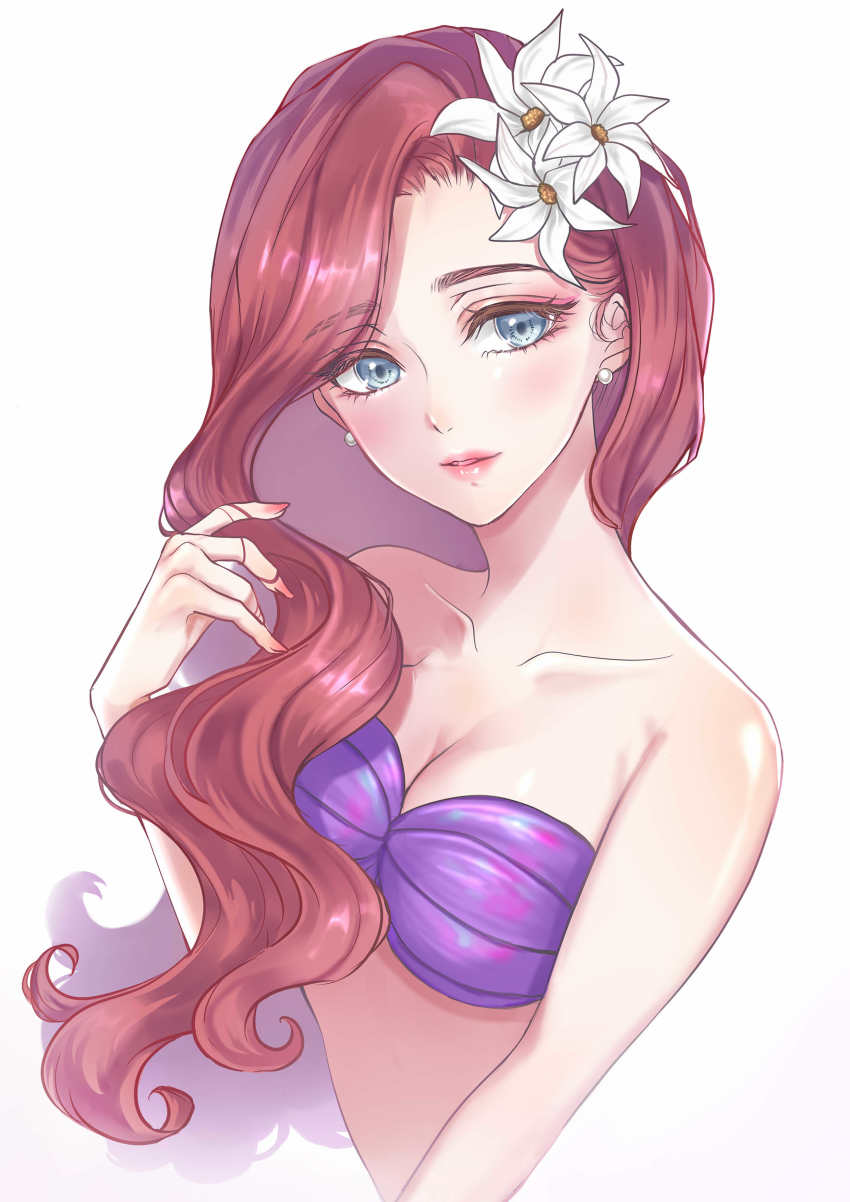 1girl, absurdres, ariel_(disney), banirario, bikini, blue_eyes, breasts, cleavage, collarbone, earrings, eyelashes, female_focus, fingernails, flower, hair_flower, hair_ornament, highres, jewelry, long_fingernails, long_hair, looking_at_viewer, looking_away, medium_breasts, nail_polish, pearl_earrings, red_hair, red_nails, shell, shell_bikini, simple_background, solo, the_little_mermaid_(disney), underwear, underwear_only, upper_body, wavy_hair, white_background, white_flower