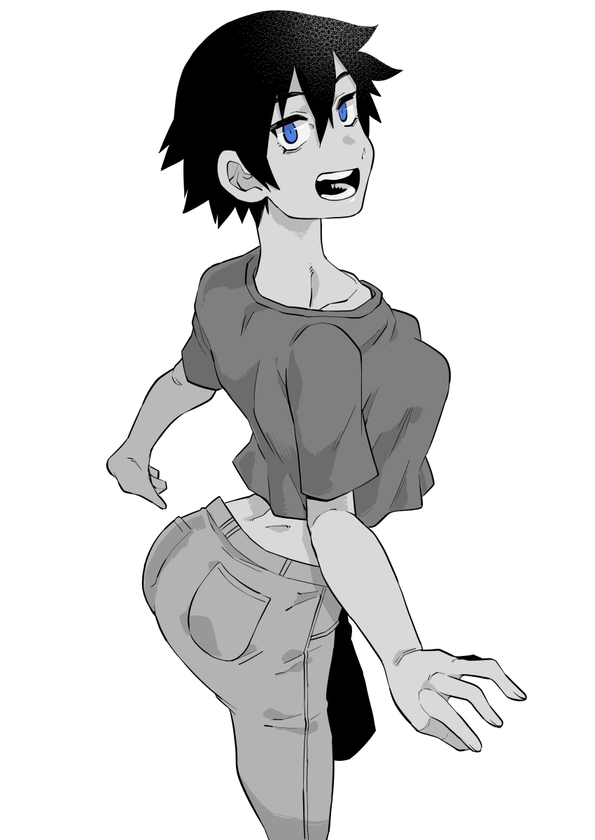 1girl, :o, absurdres, ass, black_hair, blue_eyes, female_focus, greyscale