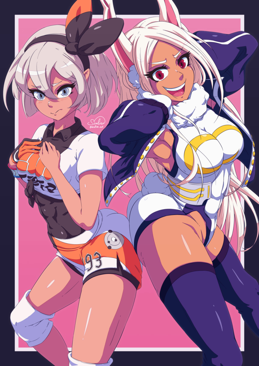 2girls, abs, animal_ears, ass, ass-to-ass, bare_arms, bea_(pokemon), black_bodysuit