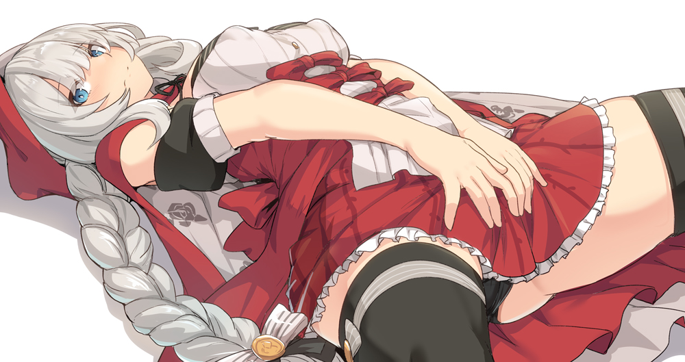 1girl, black_panties, black_thighhighs, blue_eyes, blush, braid, breasts, cloak, closed_mouth, dress, fate/grand_order, fate_(series), floral_print, heroic_spirit_festival_outfit, hood, hood_up, hooded_cloak, large_breasts, long_hair, looking_at_viewer, lying, marie_antoinette_alter_(fate), marie_antoinette_(fate), marie_antoinette_(festival_outfit)_(fate), official_alternate_costume, on_back, panties, red_skirt, shiseki_hirame, silver_hair, simple_background, single_braid, skirt, smile, spread_legs, thighhighs, thighs, underwear, very_long_hair, white_dress