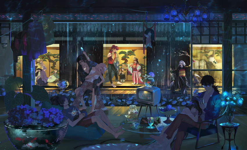 5girls, 6+boys, akechi_mitsuhide_(fate), alcohol, alternate_costume, animal_print, architecture, arts_shirt